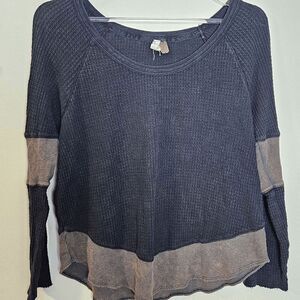 Free People Diamon Dozen Waffle Knit Thermal Colorblock Shirt Women's Black/Tan